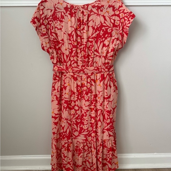 GAP Tiered V-Neck Floral Belted Dress Prairie Cottage Summer Orange Poppy Red M - Picture 7 of 11